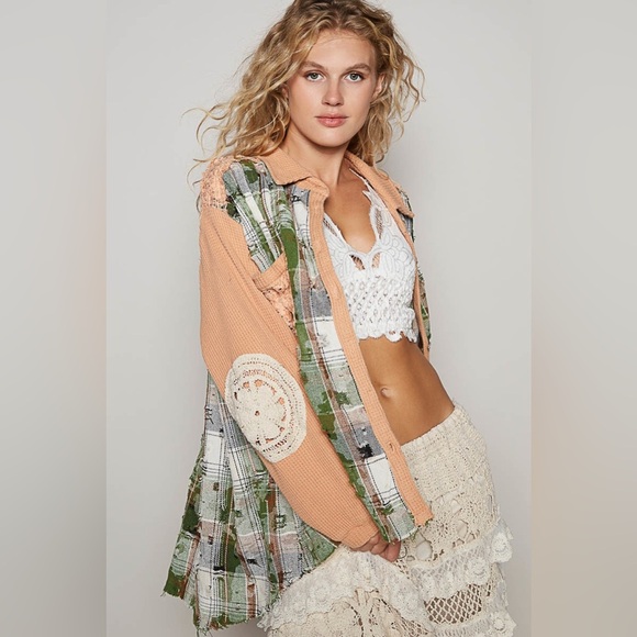 NWOT POL Multicolor Crochet Detailed Distressed Plaid Button Down Shacket - Picture 5 of 6